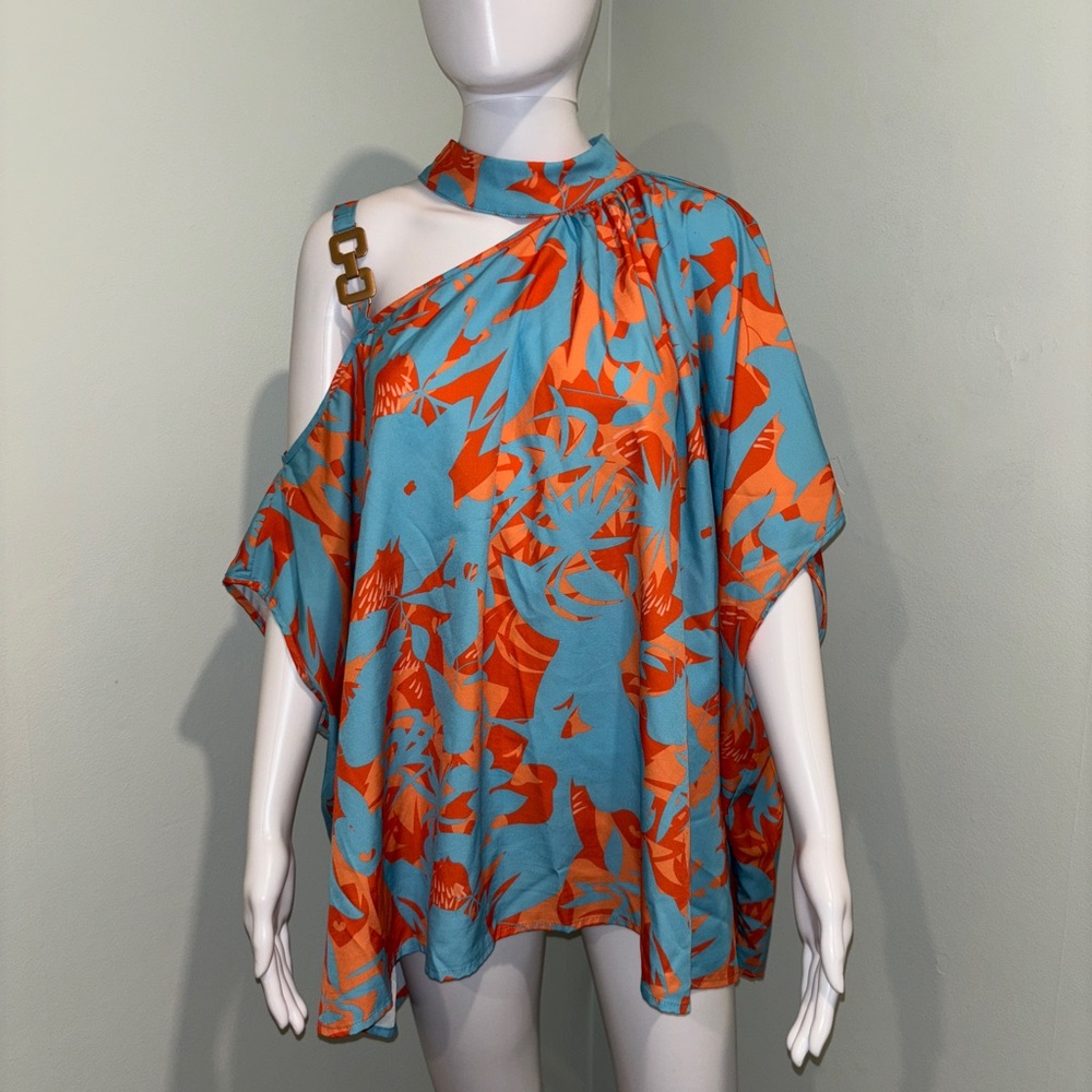 Salanta One Shoulder Floral Orange & Blue Top with Gold Buckle Strap - XL
